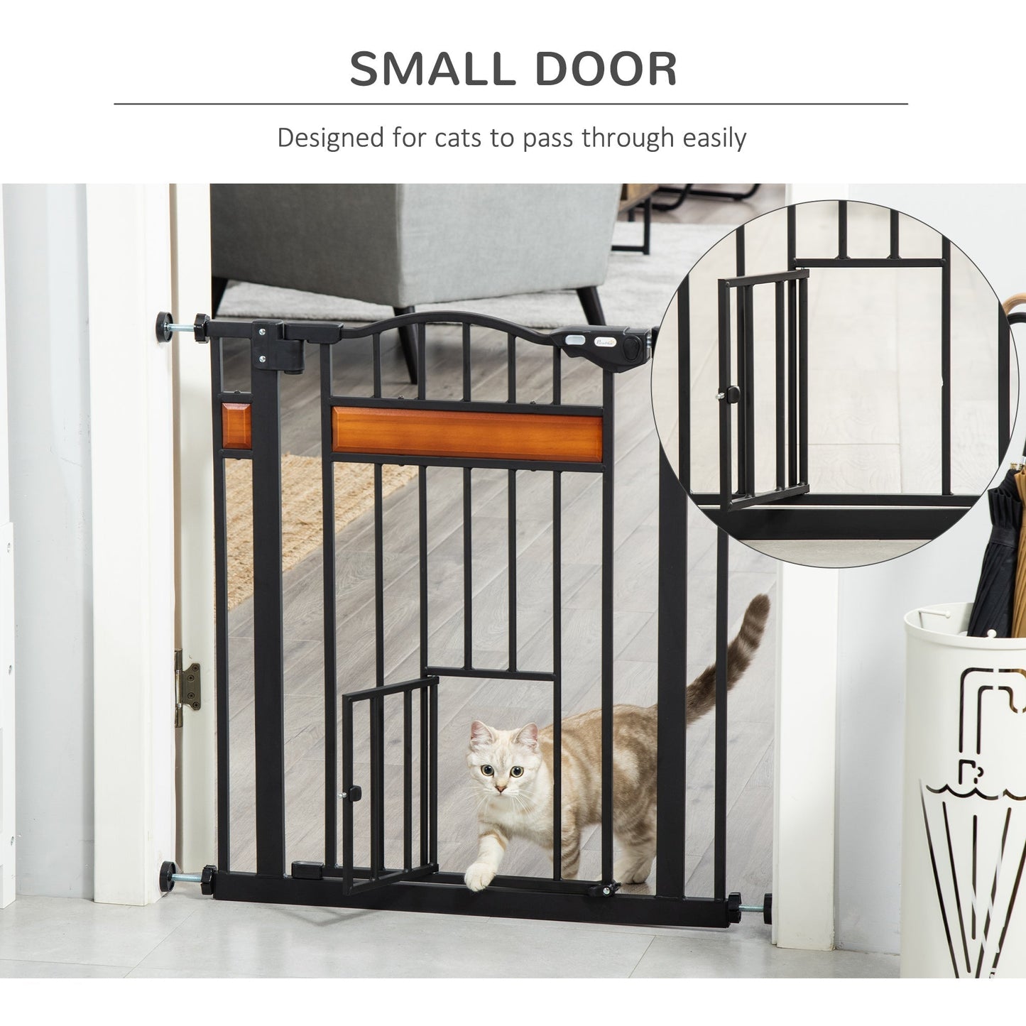 PawHut Dog Gate with Cat Door Pet Safety Gate, Auto Close Double Locking Pine Wood Decoration, for Doorways Stairs Indoor, 74-80 cm Wide, Black