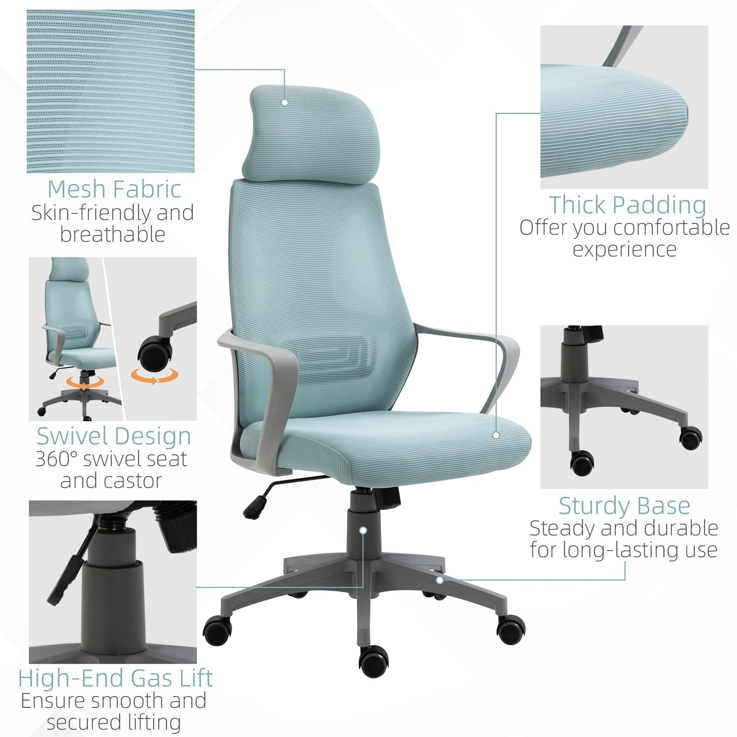 Vinsetto Ergonomic Office Chair, High Back Computer Chair, Mesh Desk Chair with Lumbar Support, Headrest, Wheel, Adjustable Height, Blue