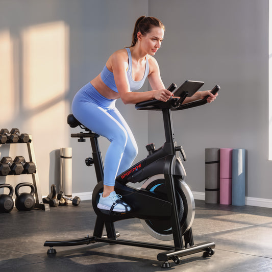 SPORTNOW Exercise Bike, Indoor Stationary Bike with Smart APP, 0-100% Magnetic Resistance, Adjustable Seat & Handlebars, Wheels