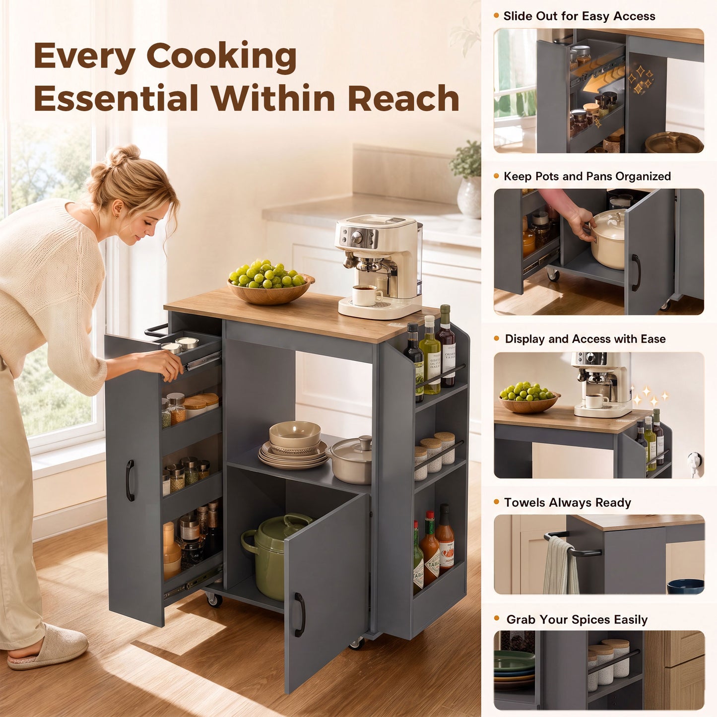 HOMCOM Kitchen Trolley on Wheels, Rolling Kitchen Island Cart with Power Outlet, Cabinet, Pull-Out Drawer, Grey