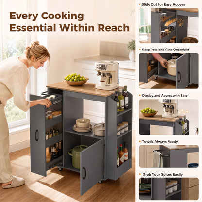 HOMCOM Kitchen Trolley on Wheels, Rolling Kitchen Island Cart with Power Outlet, Cabinet, Pull-Out Drawer, Grey