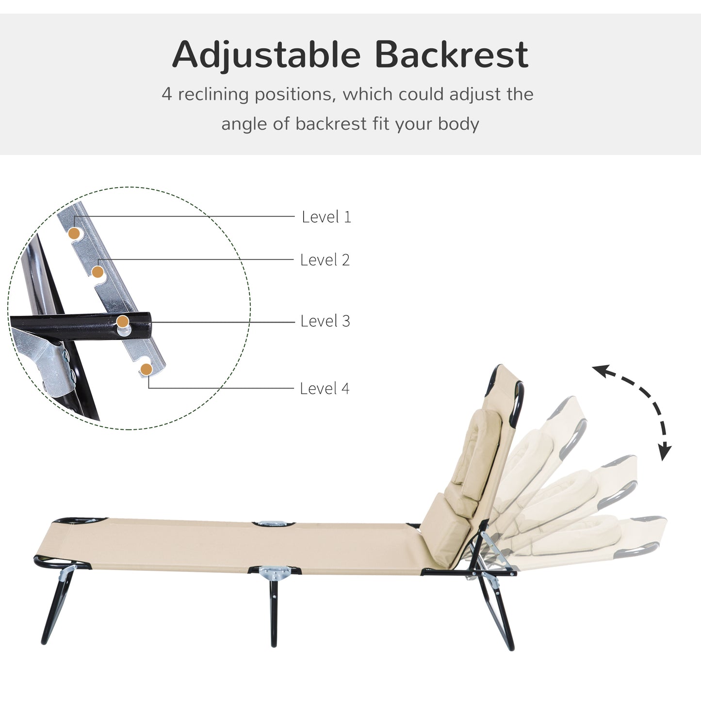 Outsunny Outdoor Foldable Sun Lounger, 4 Level Adjustable Backrest Reclining Sun Lounger Chair with Pillow and Reading Hole, Beige