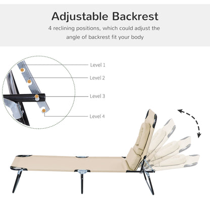 Outsunny Outdoor Folding Sun Lounger with Face Hole, 4 Level Adjustable Backrest Reclining Garden Lounger, Garden Recliner Sunbed with 600 D Oxford Cloth Seat and Pillow for Beach, Beige