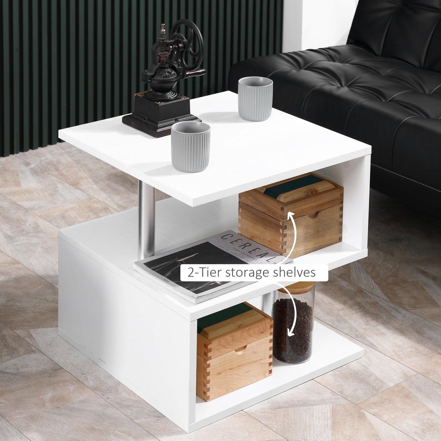 Wooden S Shape Cube Coffee Console Table 2 Tier Storage Shelves Organizer Office Bookcase Living Room End Desk Stand Display Set of 2 (White)