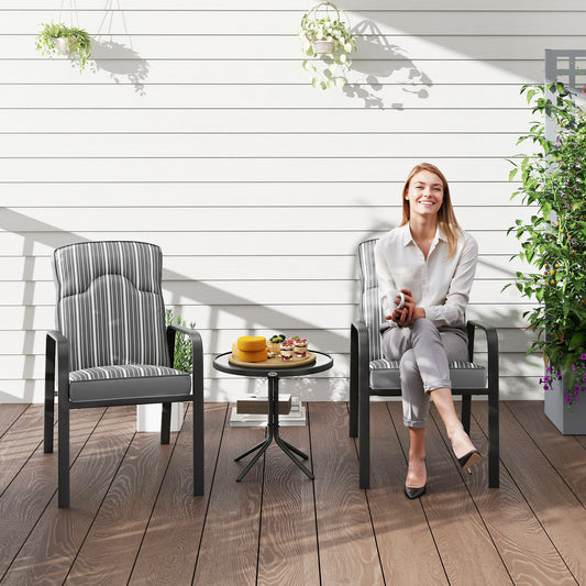 Outsunny 3-częściowy zestaw ogrodowy Patio Bistro, 5-pozycyjne regulowane krzesła ogrodowe i stół ze szkła hartowanego, zestaw mebli ogrodowych z poduszkami, wysokie oparcie, podłokietniki, metalowa rama na balkon, szary