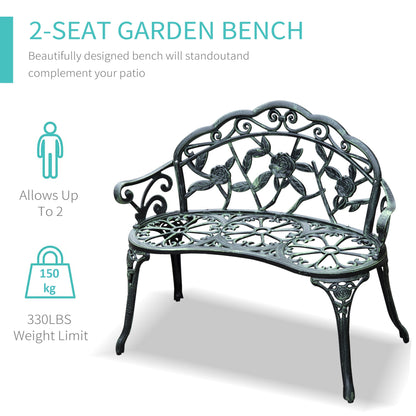 Outsunny Cast Aluminium Outdoor Garden Patio Antique Rose Style Bench Porch Park Chair Seat - أخضر