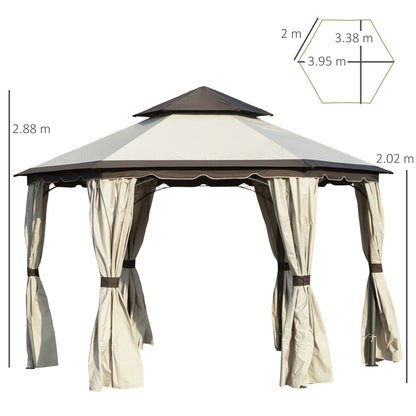 Outsunny 3.4m Steel Gazebo Canopy Party Tent Garden Pavilion Patio Shelter with Curtains & 2 Tier Roof, Beige