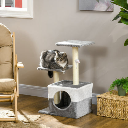 PawHut Cat Tree With Sisal Scratching Posts, House, Perches, Toy Mouse, Grey