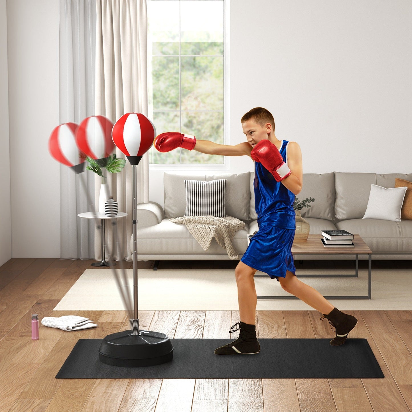 Worek bokserski HOMCOM ze stojakiem, wolnostojący zestaw bokserski, worek treningowy ze speedballem, regulowana wysokość od 126 cm do 144 cm dla nastolatków, czerwony
