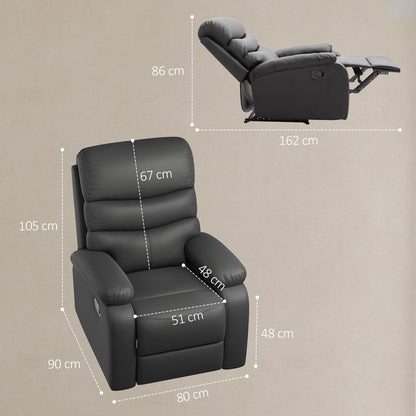 Fotel rozkładany HOMCOM PU Leather, fotel rozkładany manualnie z podłokietnikami, chowanym podnóżkiem i drewnianą ramą, czarny