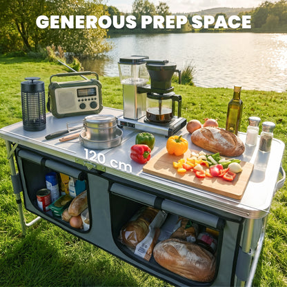Outsunny 4ft Folding Camping Cupboard Kitchen, Height Adjustable Aluminium Camping Table with Storage, Lightweight Picnic Table for Outdoor Garden BBQ Party