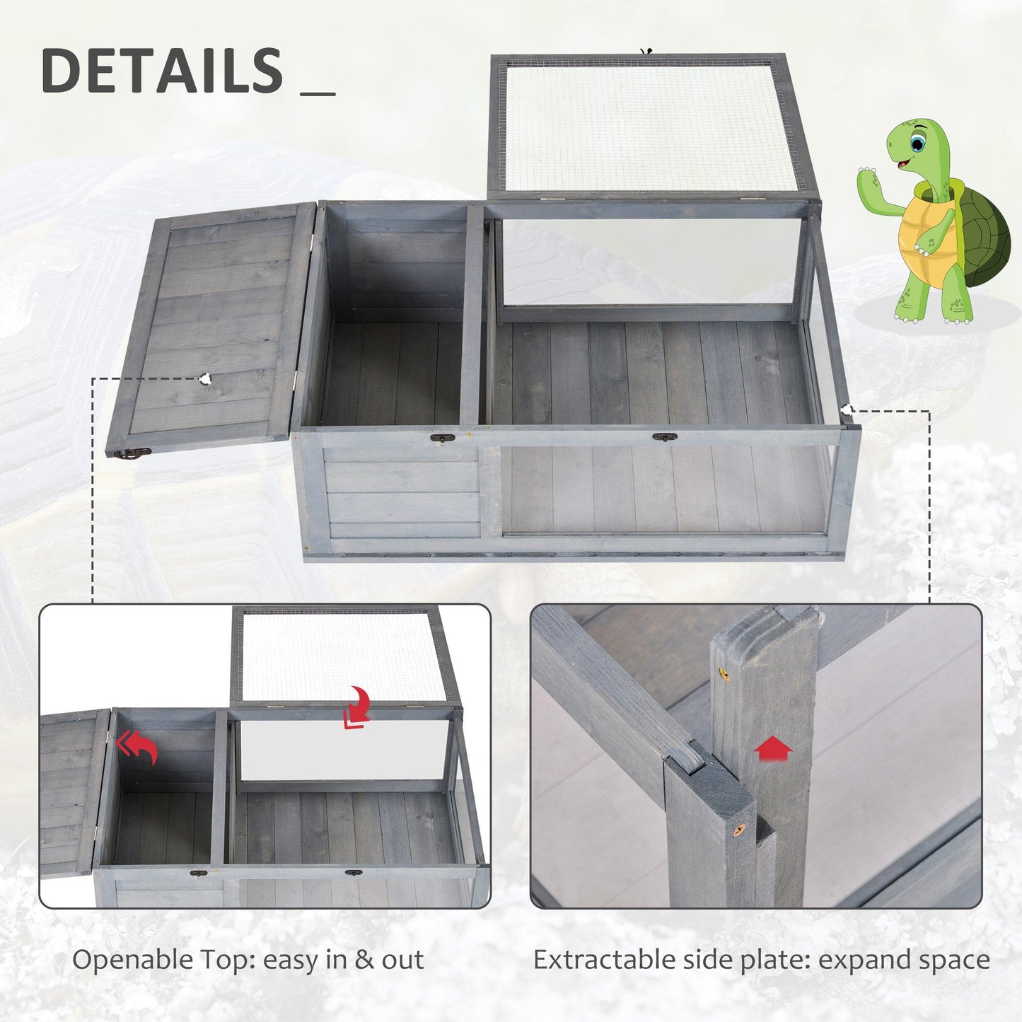 PawHut Tortoise House, Small Reptile Wooden House, with Mesh Roofs, Side Panels, for Turtles, Lizards, Geckos and Snakes