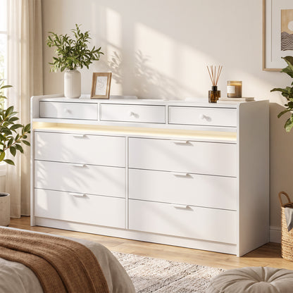 HOMCOM Chest of Drawers for Bedroom with LED Light & Charging Station, 9 Drawers Storage Unit/TV Stand, White