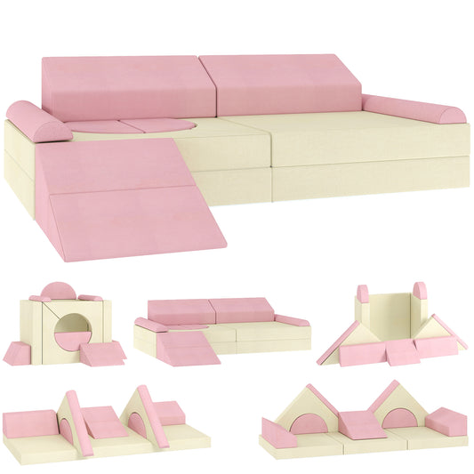 AIYAPLAY Kids Play Sofa, 12 Pieces Foam Modular Soft Play Set for Playroom, Children Convertible Sofa for Boys and Girls, Pink