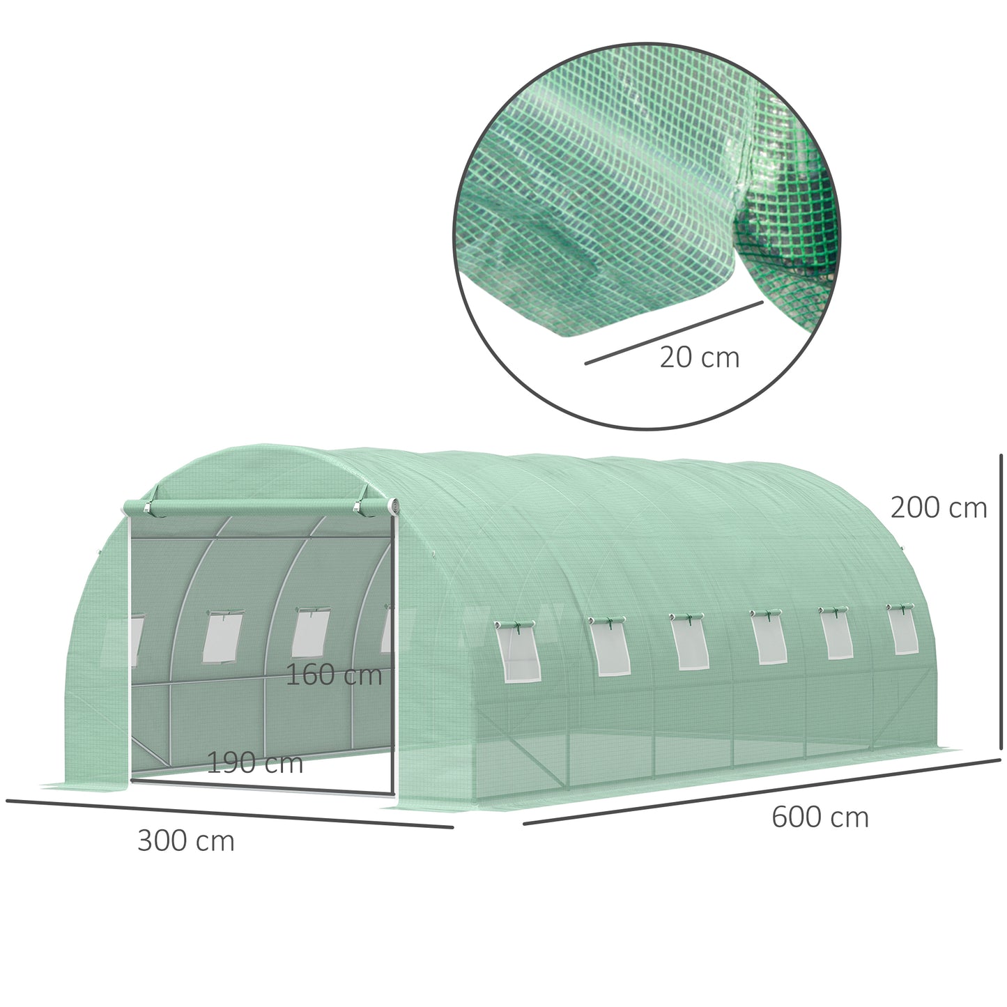 Tunel foliowy Outsunny 6 x 3 x 2 m z drzwiami zwijanymi i 12 oknami z siatki, namiot ogrodowy typu walk-in z osłoną z polietylenu odporną na promieniowanie UV i ocynkowaną stalową ramą, zielony