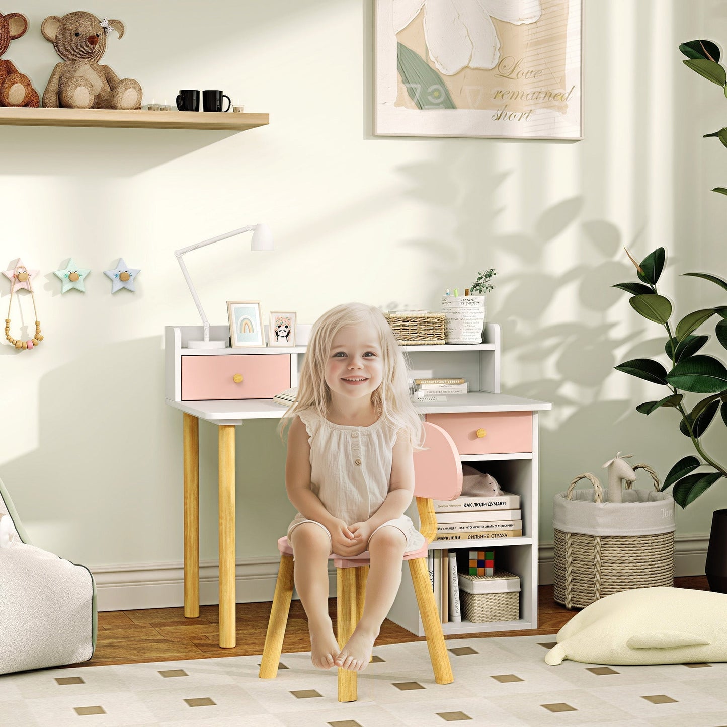 AIYAPLAY 2 Pieces Children Study Table with Hutch, Kids Desk and Chair Set with Storage, Drawer, Shelves, Pink