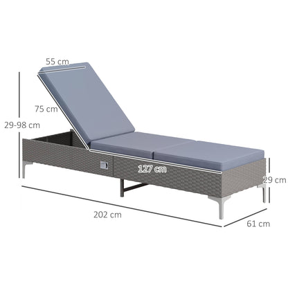 كرسي Outsunny PE Rattan Sun Lounger، مسند ظهر متعدد المواضع قابل للتعديل وسرير نهاري قابل للتعديل مع وسادة قابلة للإزالة، للحديقة، رمادي داكن