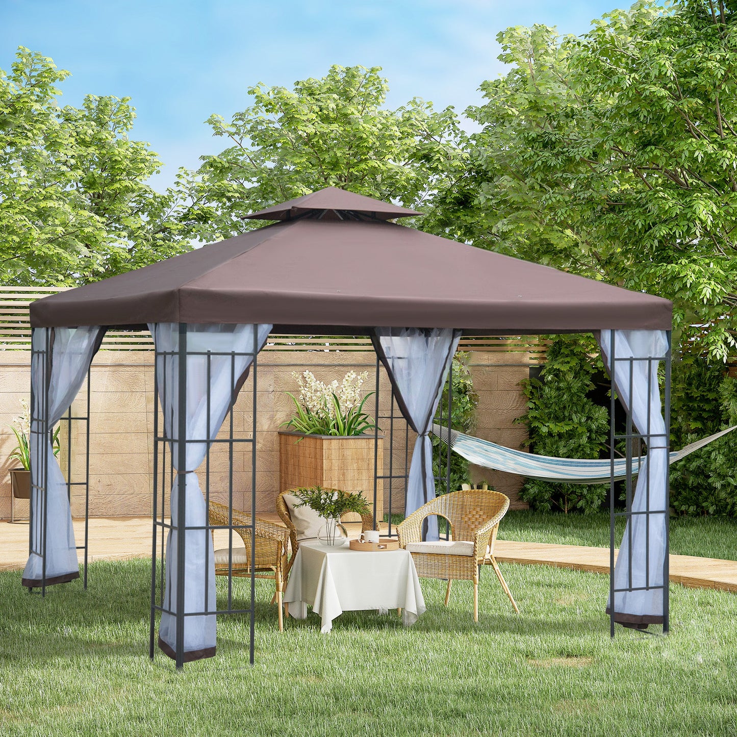 Outsunny 3 x 3(m) Patio Altana Baldachim Pawilon ogrodowy Namiot schronienie z 2-poziomowym dachem i moskitierą, stalowa rama, kolor kawy