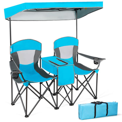 Double Folding Camping Chair with Canopy and Armrests-Blue
