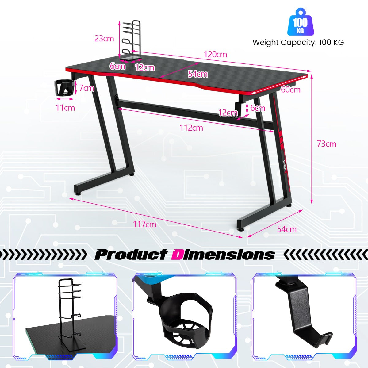 Z-Shaped Computer Desk with Headphone Hook and Cup Holder-Red