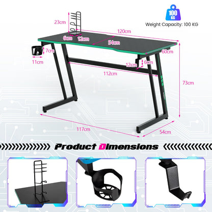 Z-Shaped Computer Desk with Headphone Hook and Cup Holder-Green