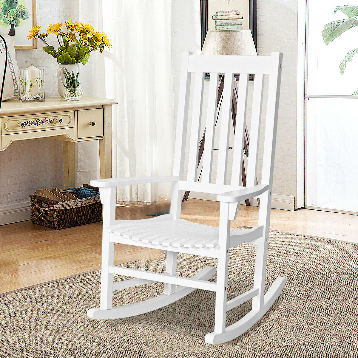 Rocking Chair Wooden Patio Acacia Wicker-White