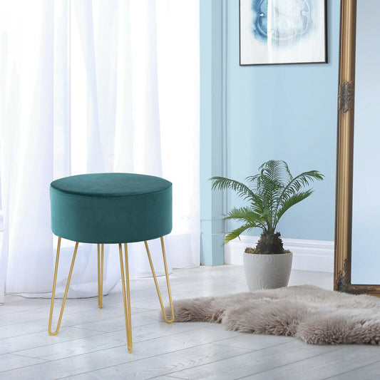 Round Velvet Stool with Hairpin Legs-Dark Green