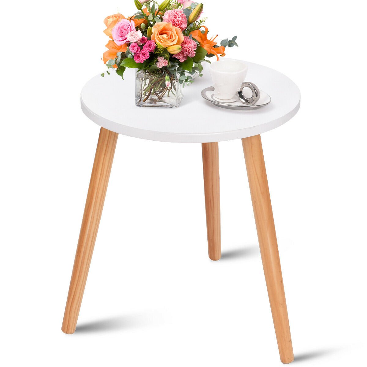 Round Occasional/Side Table with Natural Wood Legs for Home and Office-White