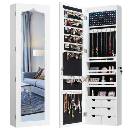 Wall Mounted Jewellery Armoire with Mirror and LED Light-White