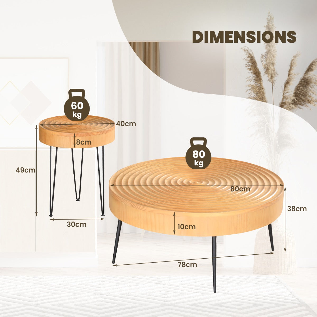 Set of 2 Solid Wood Farmhouse Round Coffee Tables