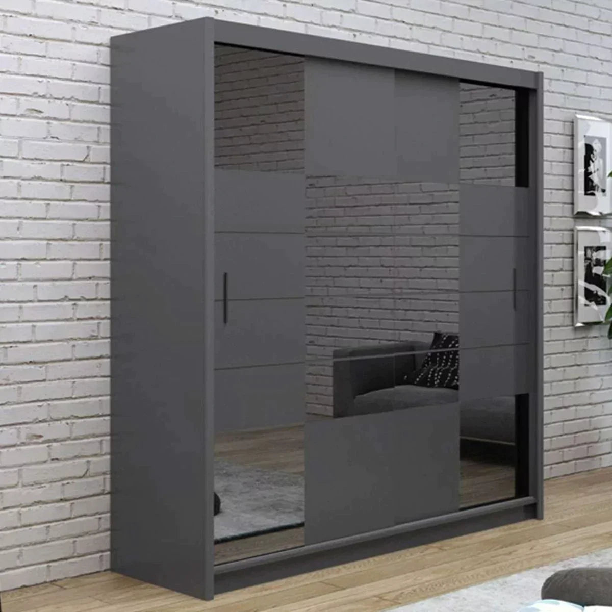 Kinross ii Sliding Door Squares Design 203cm Mirror Wardrobe - Graphite, White Gloss