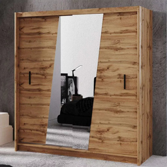 Havant Sliding 203cm Wardrobe with Slanted Mirror - Oak Wotan