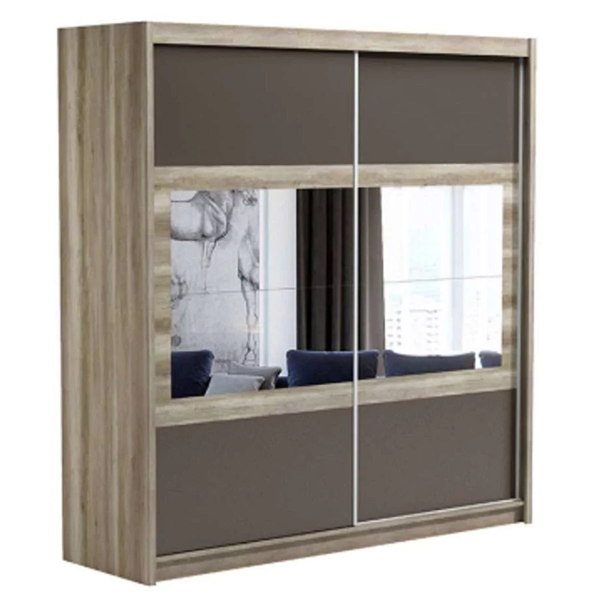 Windsor Sliding Door Mirror 203cm Wardraobe - Grey and Oak Canyon