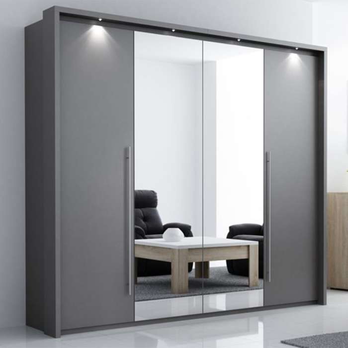 Grey Mirrored Folding Sliding Door Wardrobe 255cm – DUNHAM