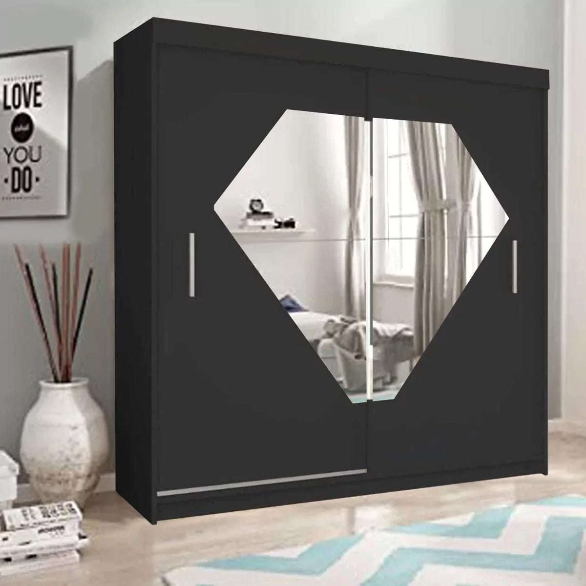 Diamond Sliding Door Wardrobe - Black, Grey, White - 150cm and 203cm