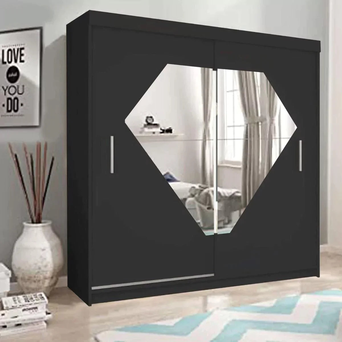 Diamond Sliding Door Wardrobe - Grey, White, Black - 150cm and 203cm