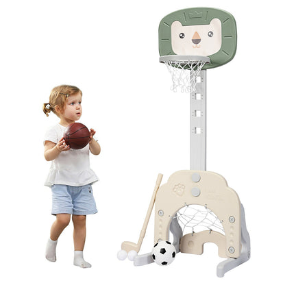 3-In-1 Children's Playground with Height-Adjustable Basketball Stand Green