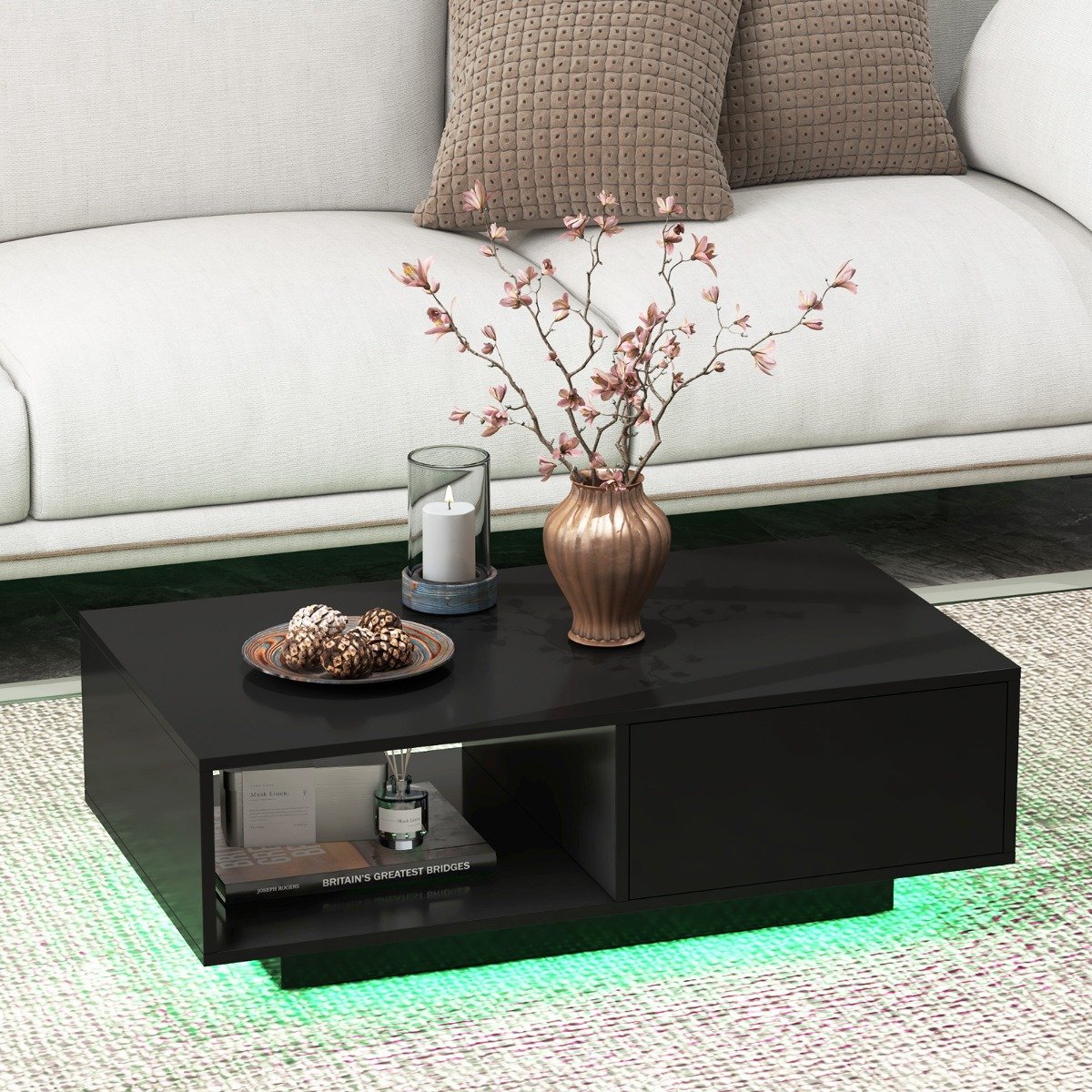 LED Coffee Table with 20 RGB Light Colors and Storage Shelf-Black