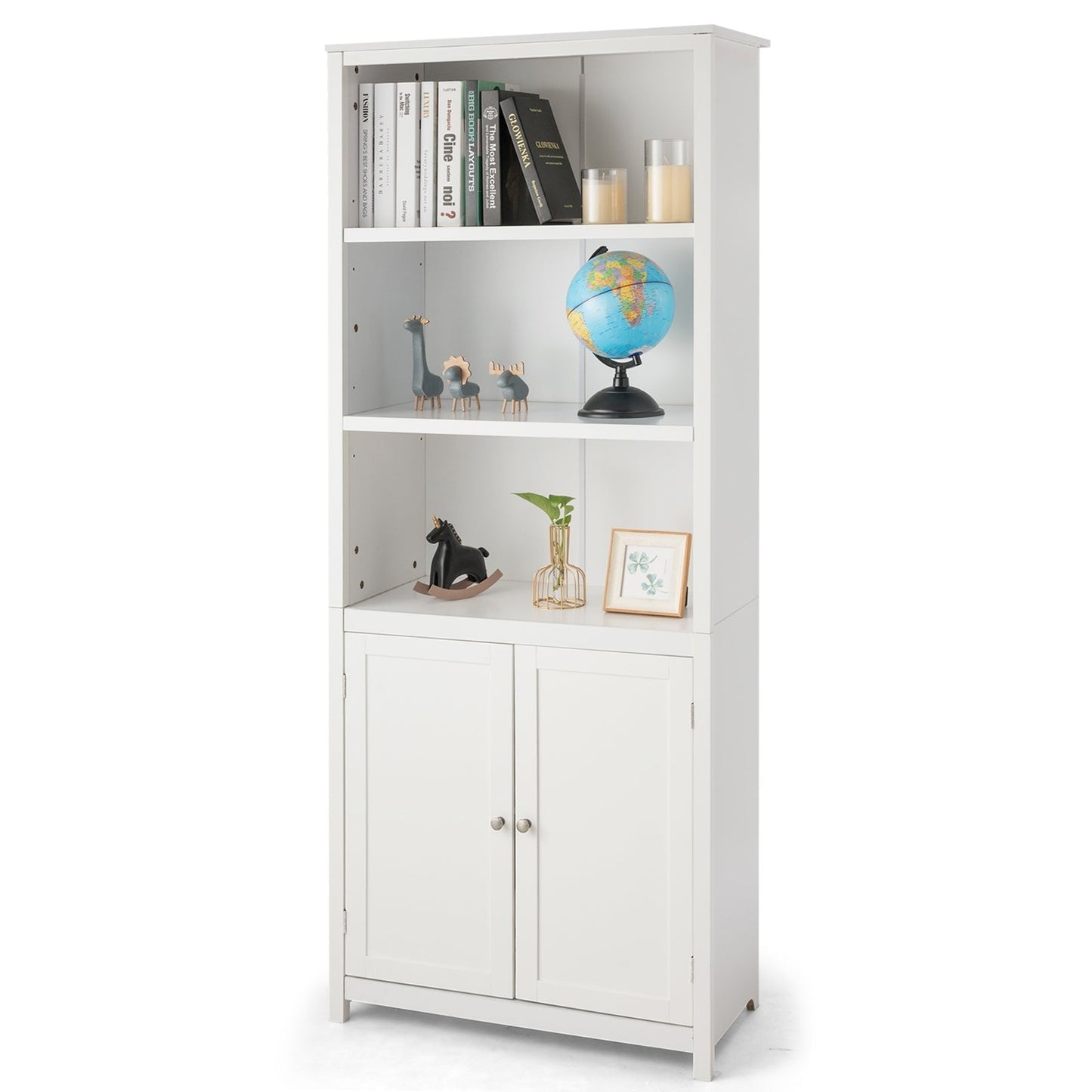 3-Shelf Bookcase with Double Doors &amp; Adjustable Shelves &amp; Cabinet-White