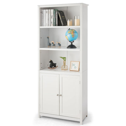3-Shelf Bookcase with Double Doors &amp; Adjustable Shelves &amp; Cabinet-White