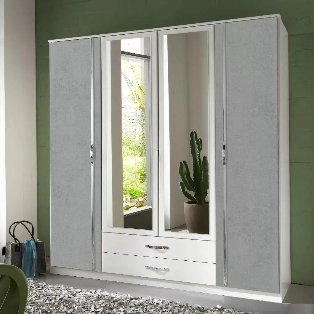 Dewi 4 Door Wardrobe Mirrored with 2 Drawers - White and Grey