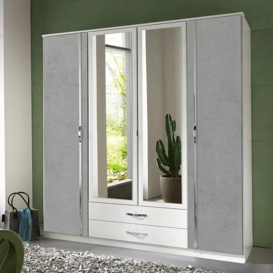 Dewi 4 Door Wardrobe Mirrored with 2 Drawers - White and Grey