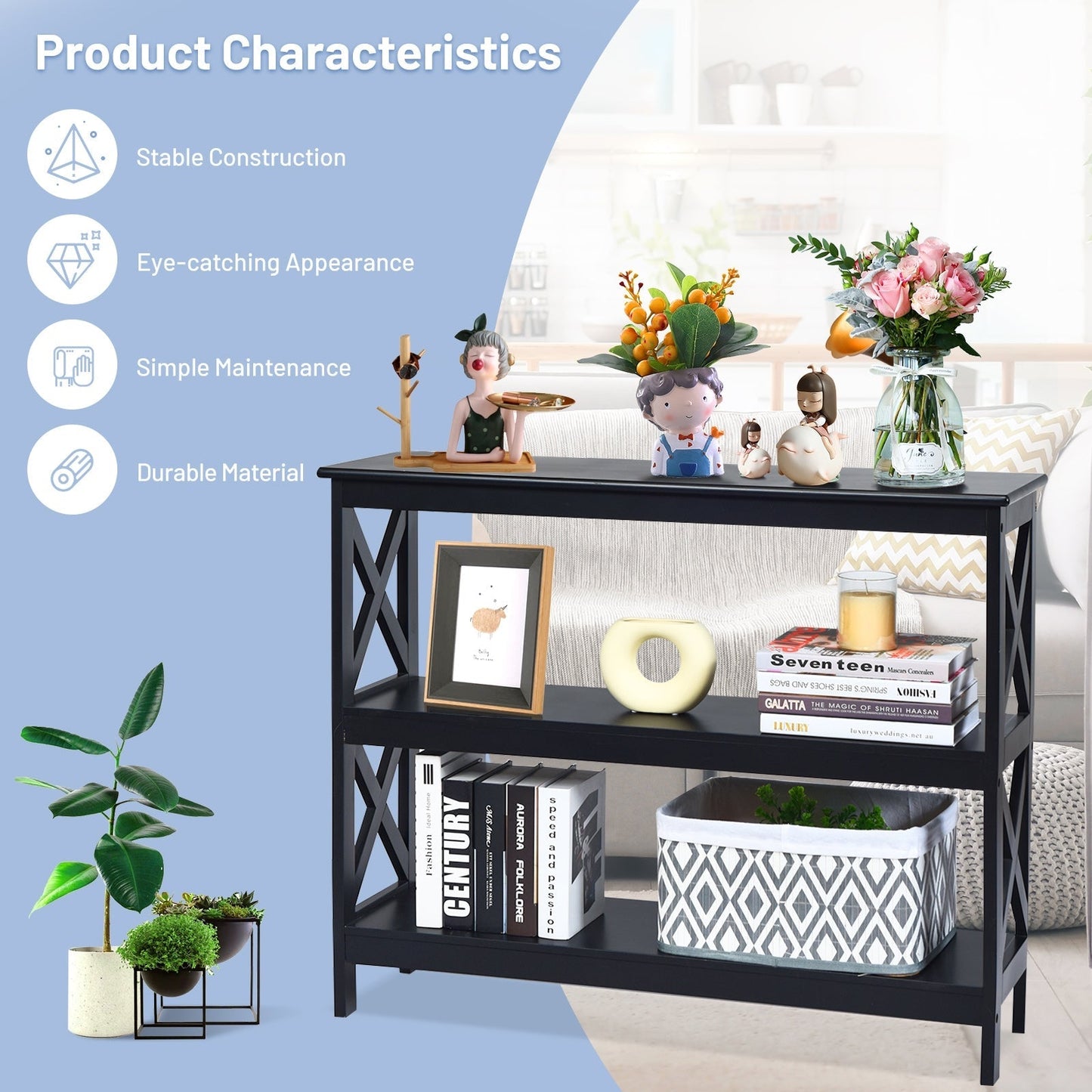 Industrial 3-Tier Console Table with Storage Shelf-Black