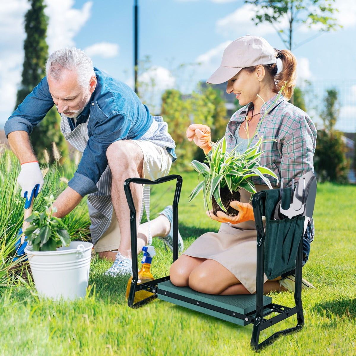 Foldable Gardener Stool with EVE Pad and Tool Bag