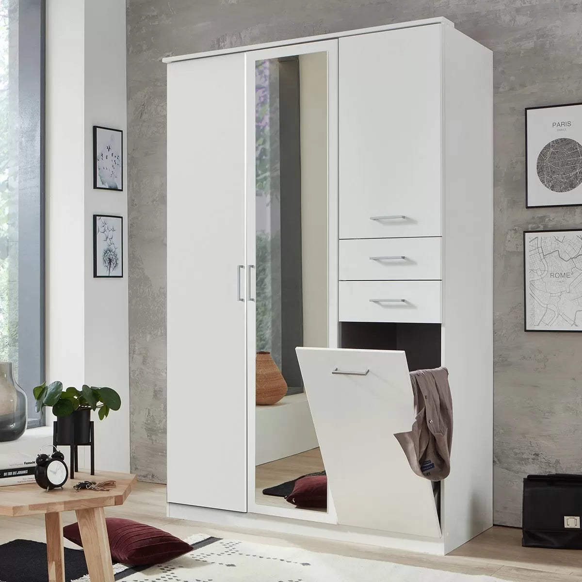 Fresna 3 Door 2 Drawer Mirrored Wardrobe - White