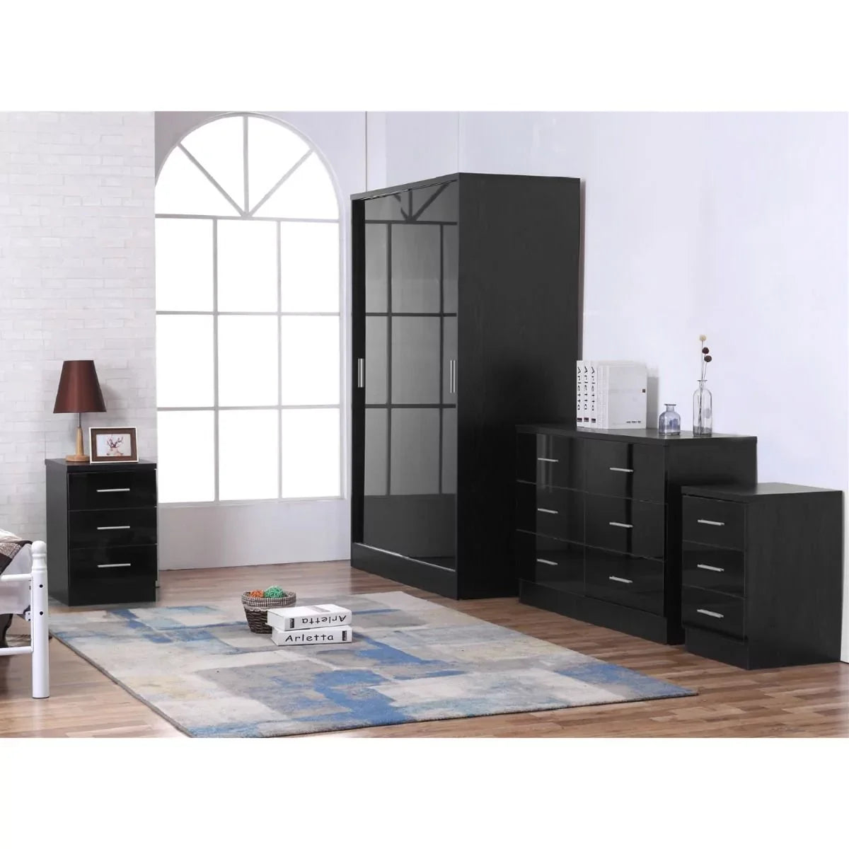 3 Piece Reflect High Gloss 2 Door Sliding Wardrobe Set - Black