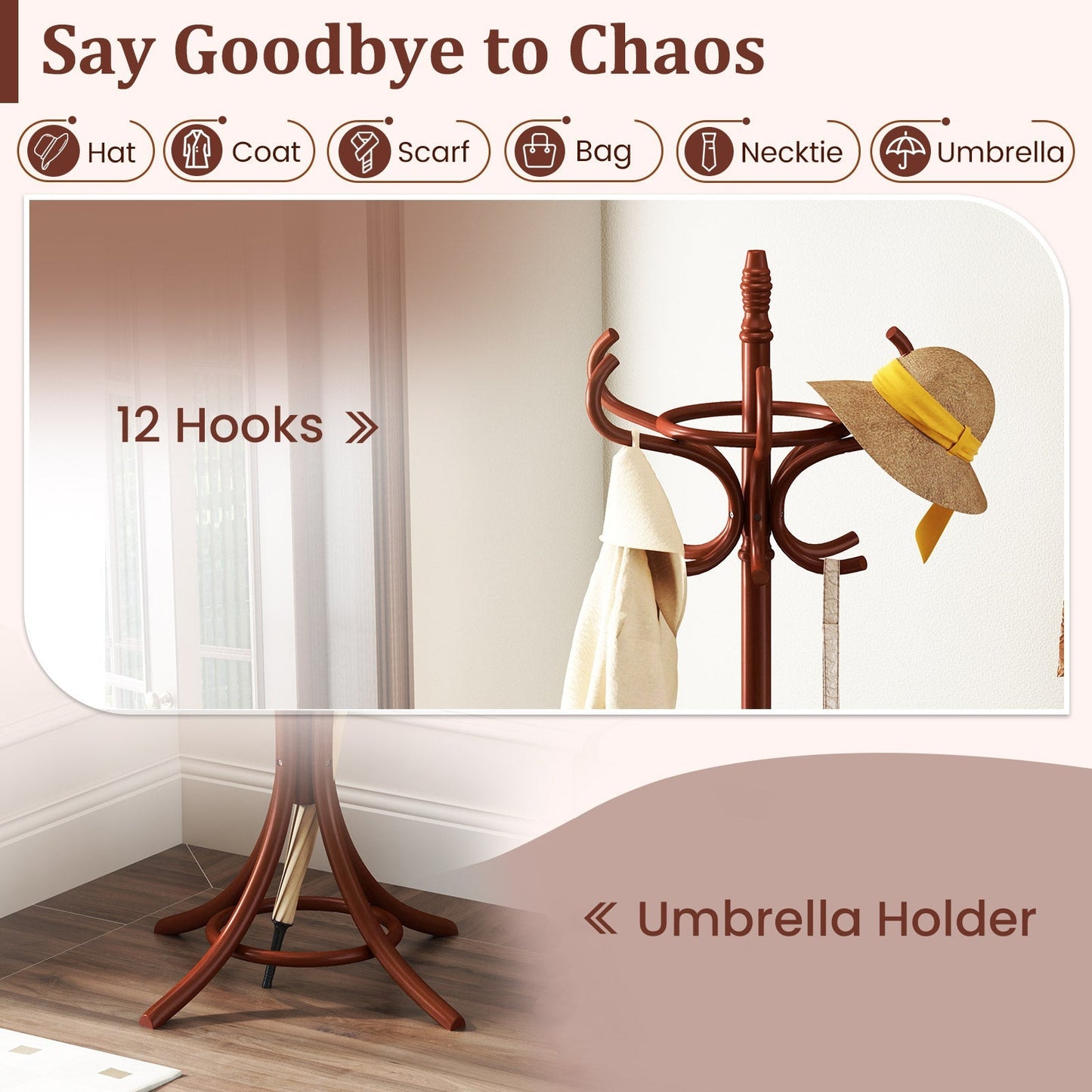Free-standing Jacket Stand with Umbrella for Living Room-Brown