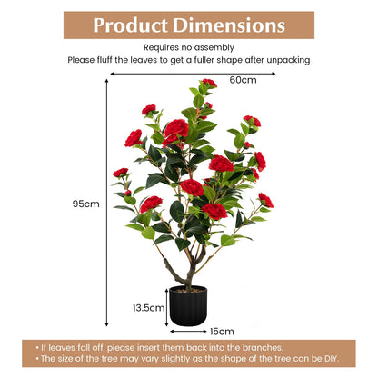 1/2 Pieces 95cm Artificial Camellia Tree with Flowers and Rain-Flower Pebbles-Red-1 Piece