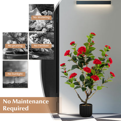 1/2 Pieces 95cm Artificial Camellia Tree with Flowers and Rain-Flower Pebbles-Red-1 Piece