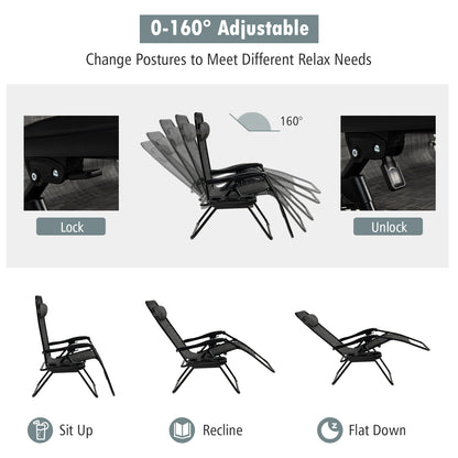 Folding Patio Recliners with Removable Headrest and Cup Holder-Grey